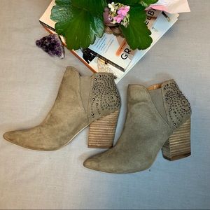 Taupe Suede Ankle Booties with Embellished Heel
